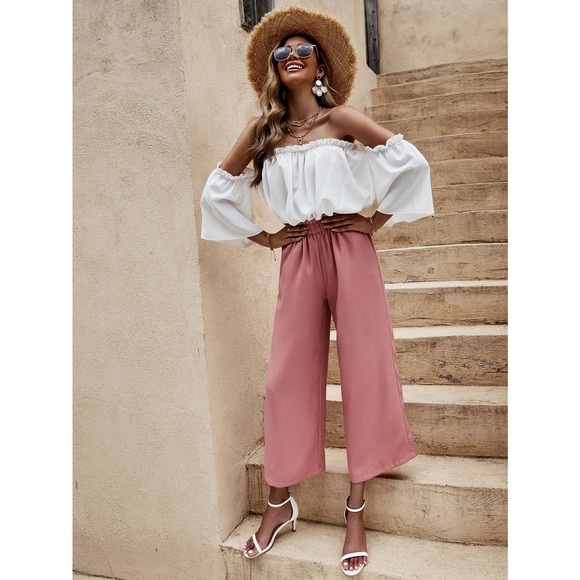 2 piece set: boho Off The Shoulder Frill Trim crop Top & wide leg pants blue - Picture 6 of 11